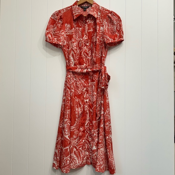 Lauren Ralph Lauren Belted Paisley Midi Shirt Dress Collared Pleated NWOT Size 4 - Picture 2 of 16